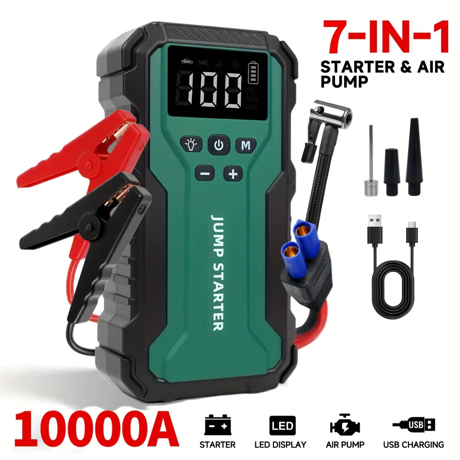 Alimentatore di Emergenza Multifunzione 7-in-1 da 10000A con Pompa d'Aria, Avviatore Portatile per Auto da 150PSL, Gonfiatore Digitale per Pneumatici, Adatto per Batterie Benzina da 2,64 Galloni o Diesel da 2,38 Galloni, Luce di Emergenza a LED, Strumento di Emergenza per Auto.