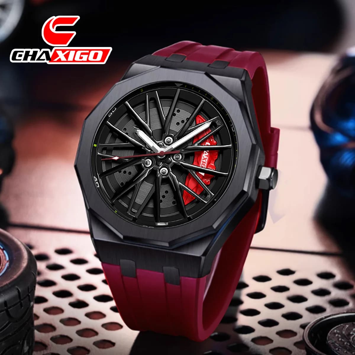 CHAXIGO Men's watch with unique style silicone strap, swivel bezel, luminous hands, water resistance up to 30 m