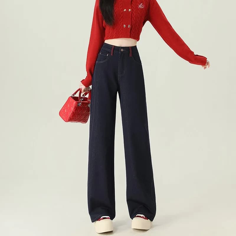 Jeans Skinny a Vita Alta e Gamba Larga per Donna, Pantaloni Casual Slim a Gamba Dritta, Nuovo Stile Autunno 2024