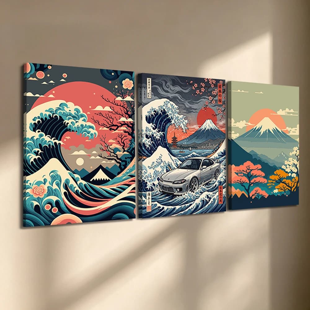 Set di 3 Quadri su Tela con Cornice in Legno, Stampa Ukiyo-e Giapponese con Monte Fuji, Decorazione per Sala Uomo, Soggiorno, Camera da Letto, Ufficio, Casa