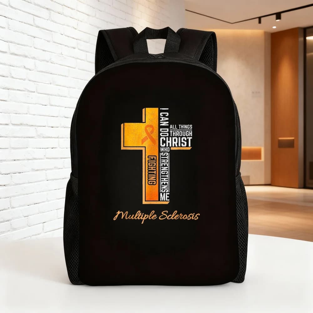 College backpack for women with writing: "I can do everything through the Christ that gives me strength," Mult sclerosis theme, high capacity