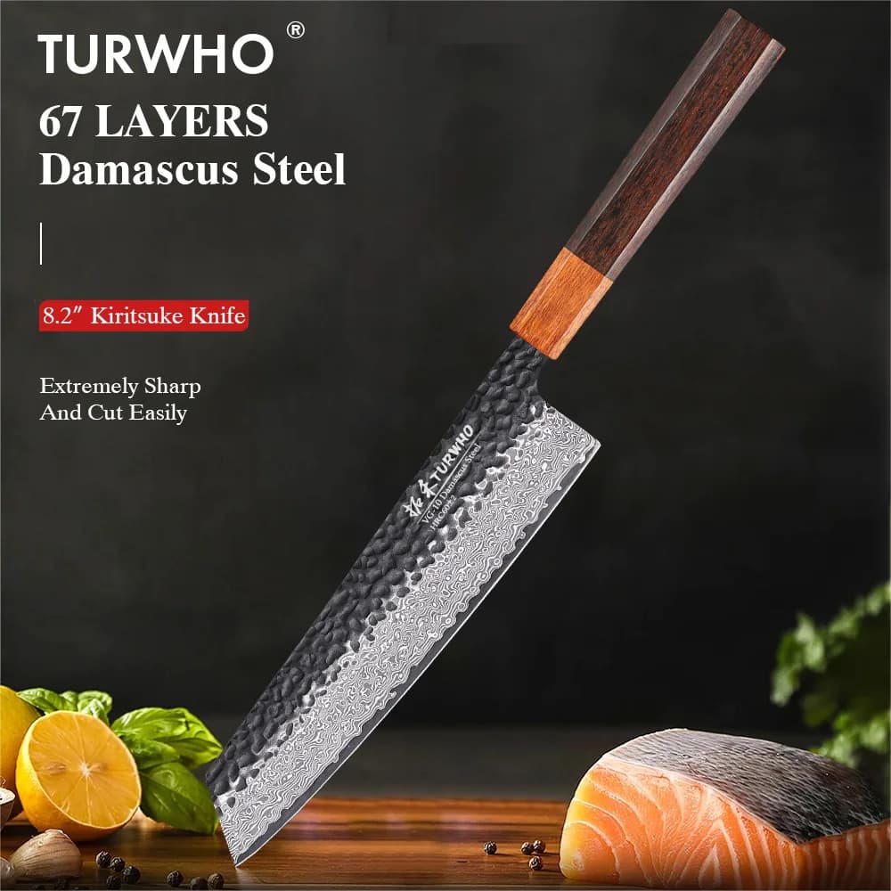 TURWHO Coltello da cuoco Kiritsuke giapponese da 8,2 pollici Coltelli da cucina in acciaio di Damasco forgiato a mano Affettatrice affilata Mannaia per carne Strumenti di cottura
