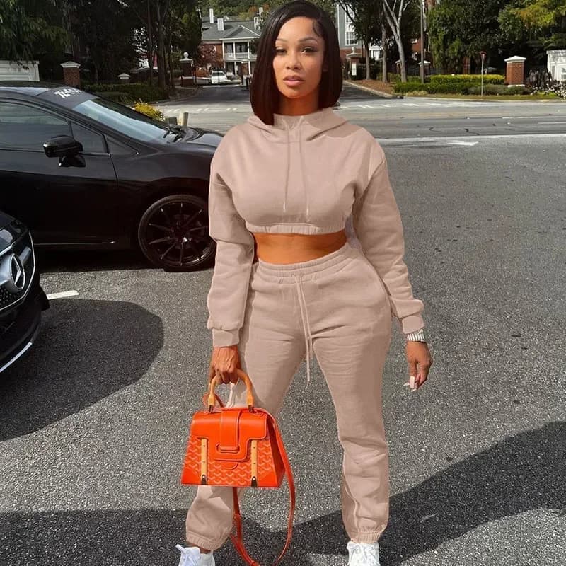 Solid Casual Two Piece Set for Women Sportwear Fitness Workout Hooded Sweatshirt Top and Sweatpants Running Joggers Tracksuit