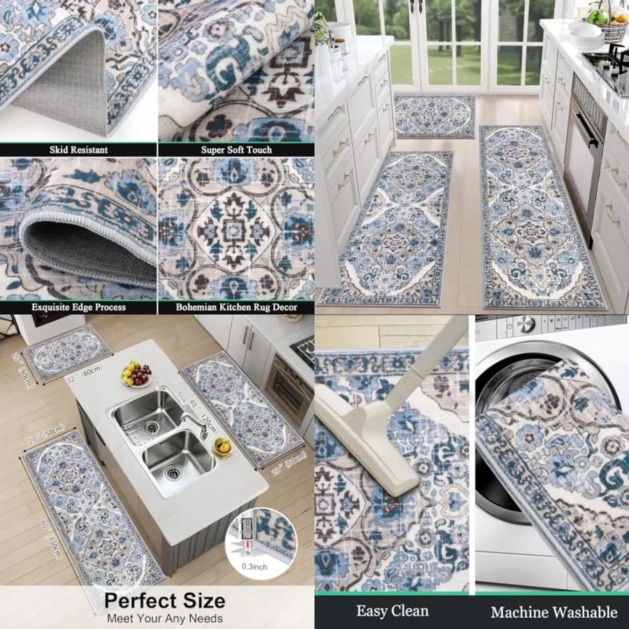 Set di 3 Tappeti da Cucina HEBE Stile Fattoria, Antiscivolo e Lavabili, Tappeti e Passatoie Boho per Pavimento e Cucina