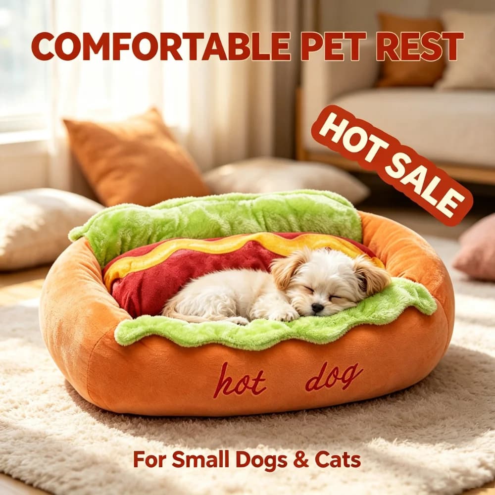 Hot Dog Pet Bed for Small Dogs Cats Soft Fleece Indoor Sleeping Nest Raised Support Cozy Puppy Cushion Home Pet Supplies