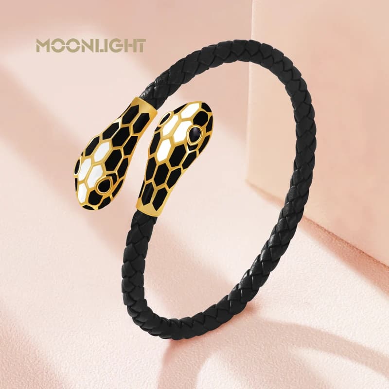 MOONLIGHT Braccialetti con polsino a doppia testa di serpente stile classico per le donne Bracciali in vera pelle intrecciata Regali di gioielli di moda femminile