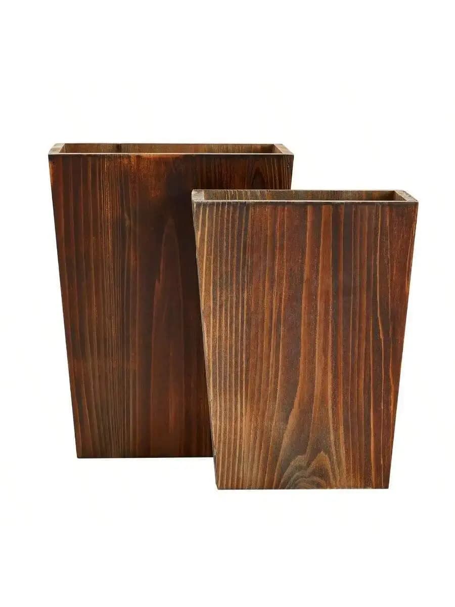 2 Piece Rustic Wood Square Wastebasket Set Brown Small Large For Home Office Bathroom Kitchen Decor