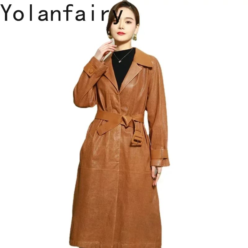 Giacca in vera pelle da donna Giacca in pelle di pecora Cappotto Nuova primavera autunno Casual Cappotto sottile conciata al vegetale di media lunghezza da donna con cintura