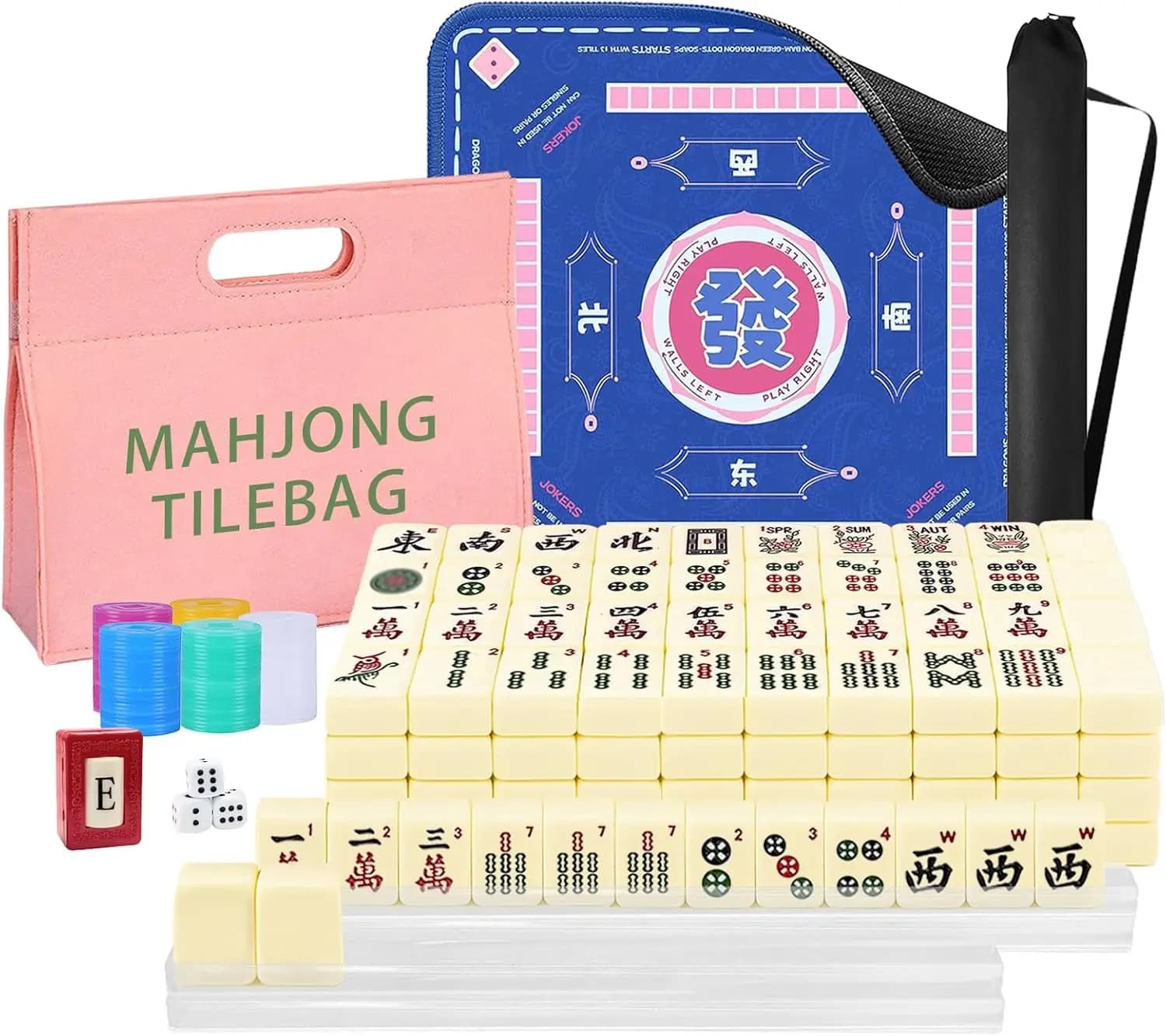 Set Mahjong Americano 166 Tessere, Portatile con Tappetino Antirumore, 4 Supporti, Monete per Punteggio e Dadi per Adulti
