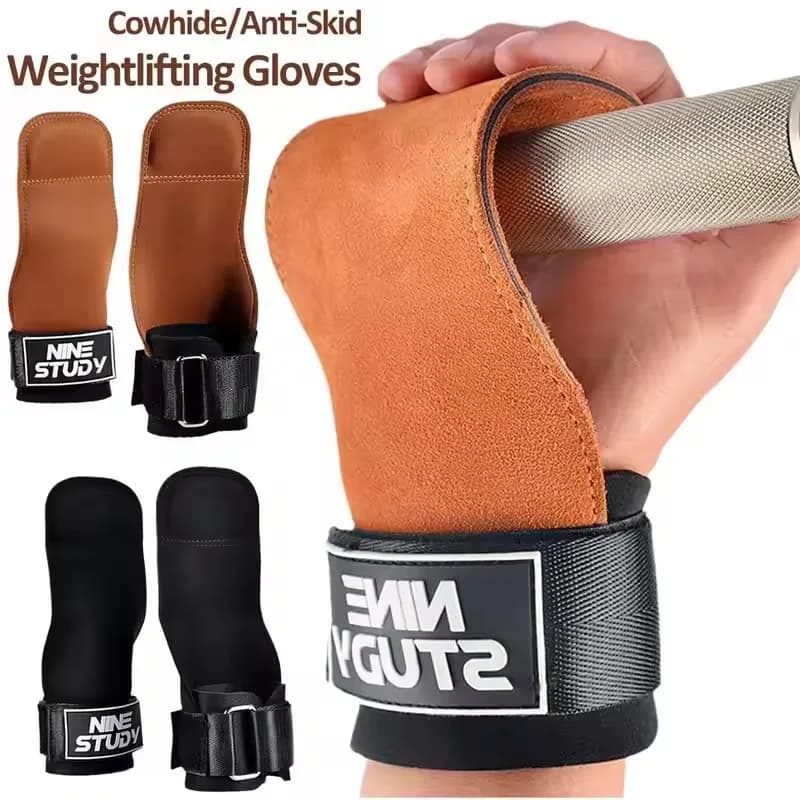 Cinturini da polso Guanti da allenamento Protezione antiscivolo per il palmo in pelle bovina per palestra Powerlifting per carichi pesanti Pull-up Deadlift Allenamento della forza