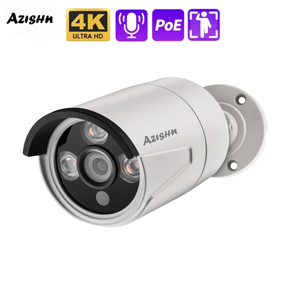 Telecamera IP POE AZISHN H.265+ 4K 8MP con Audio, 3840*2160, in Metallo per Esterni, Rilevamento Movimento, 3 LED IR, Sicurezza CCTV per Sistema NVR POE