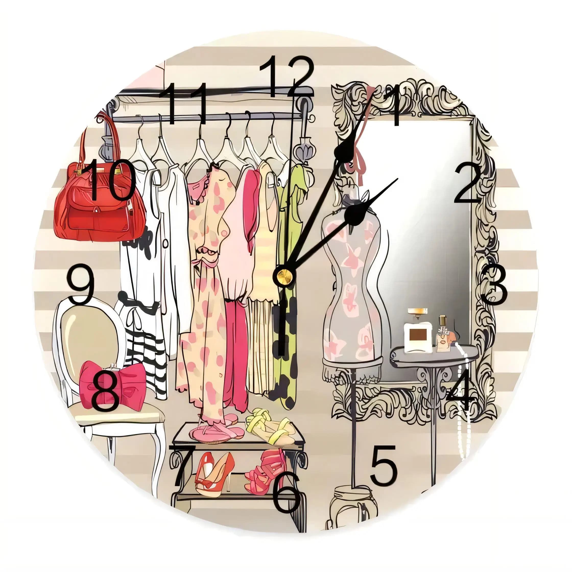 Round Wall Clock Fashion Boutique Interior Scene Chic Dressing Room Decor Silent Non Ticking Battery Operated Home Office Art