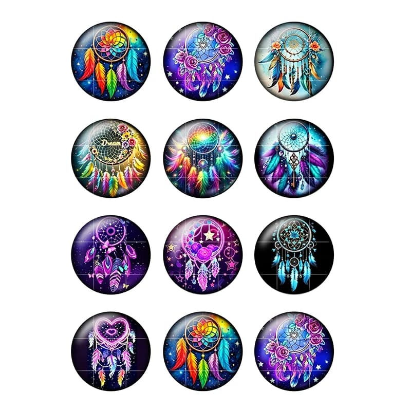 12pcs Dream Catcher Colored Feathers Wind Chime 8mm To 35mm Round Photo Glass Cabochon Flat Back Making Findings Jewelry T241