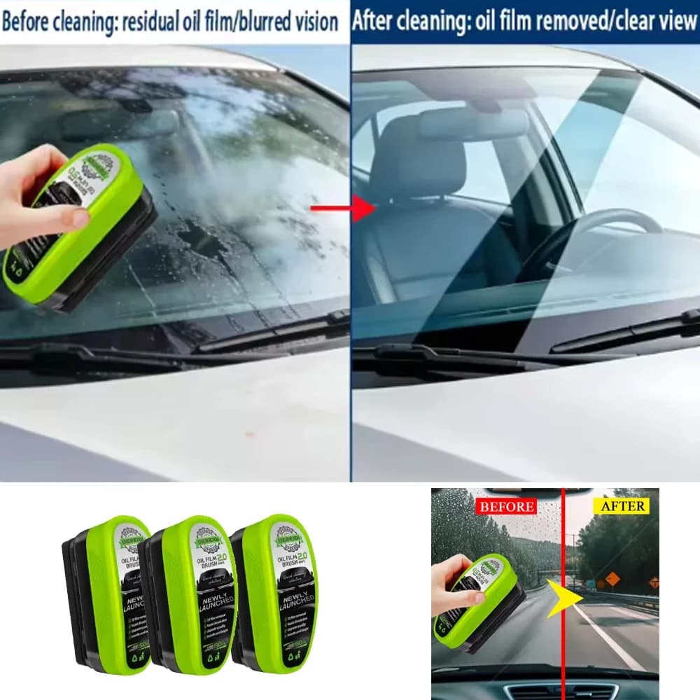 Detergente per pellicole oleose sul parabrezza e sul finestrino interno dell'auto, spugna per la pulizia del vetro dell'auto, spazzola per la pulizia.