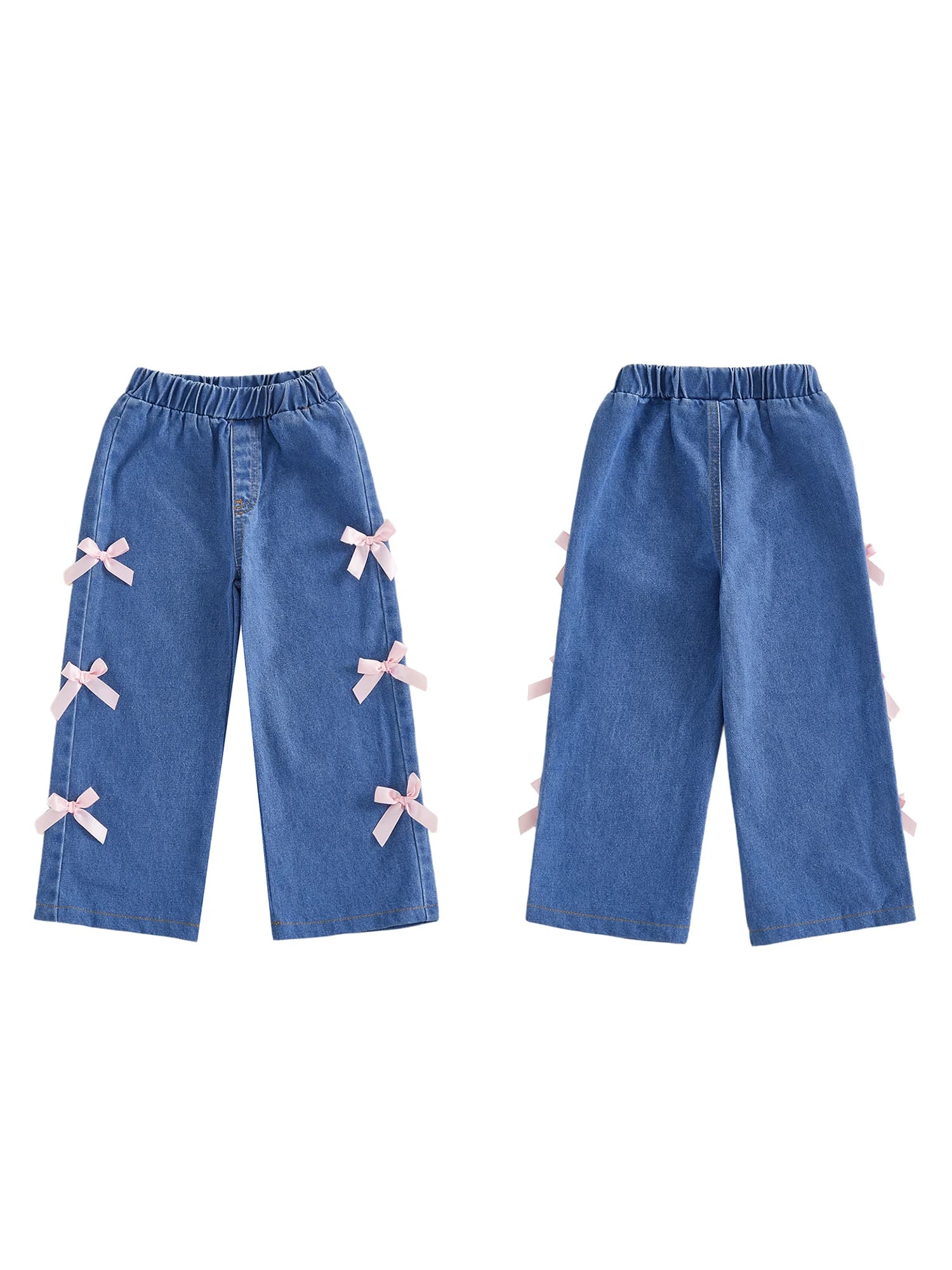 Jeans in denim da ragazza con elastico in vita con dettagli dell'arco 3D e design a gamba larga per un look elegante estivo e autunnale
