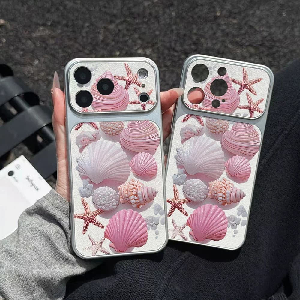 Pink Seashell Ocean Pattern Phone Case For iPhone 17 Pro Max 17 Air 16E 17E 15 14 16 Pro 12 13 11 XR XS X Leather Texture Cover