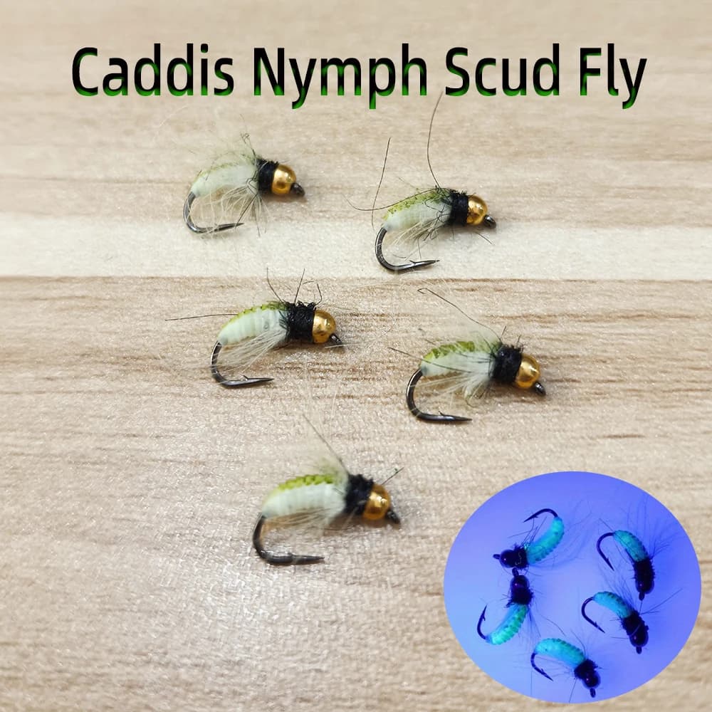 # 12 Testa di perline in ottone CDC Piuma Hackle Ninfa Scud Fly Fluorescente Affondamento rapido Bagnato Bug Verme Trota Richiamo di pesca Esca per pesca a mosca