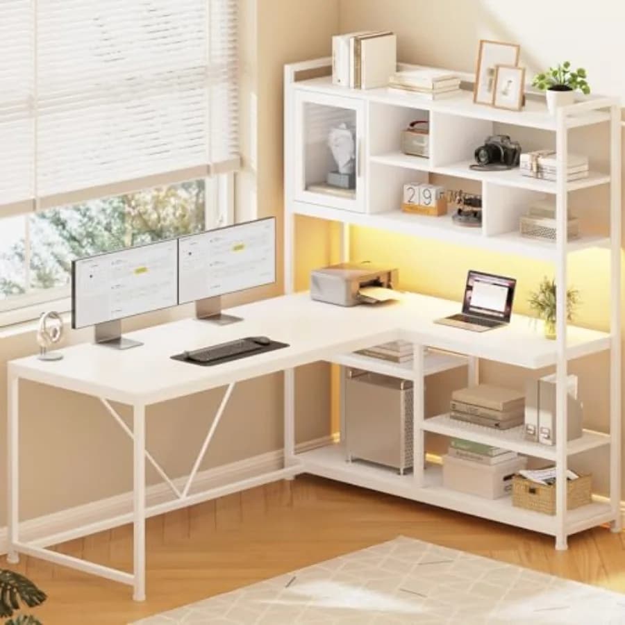 Scrivania a L da 58'' con Luce LED e Libreria, Ripiani Bianchi per Ufficio Domestico e Gaming, Scrivania Angolare W