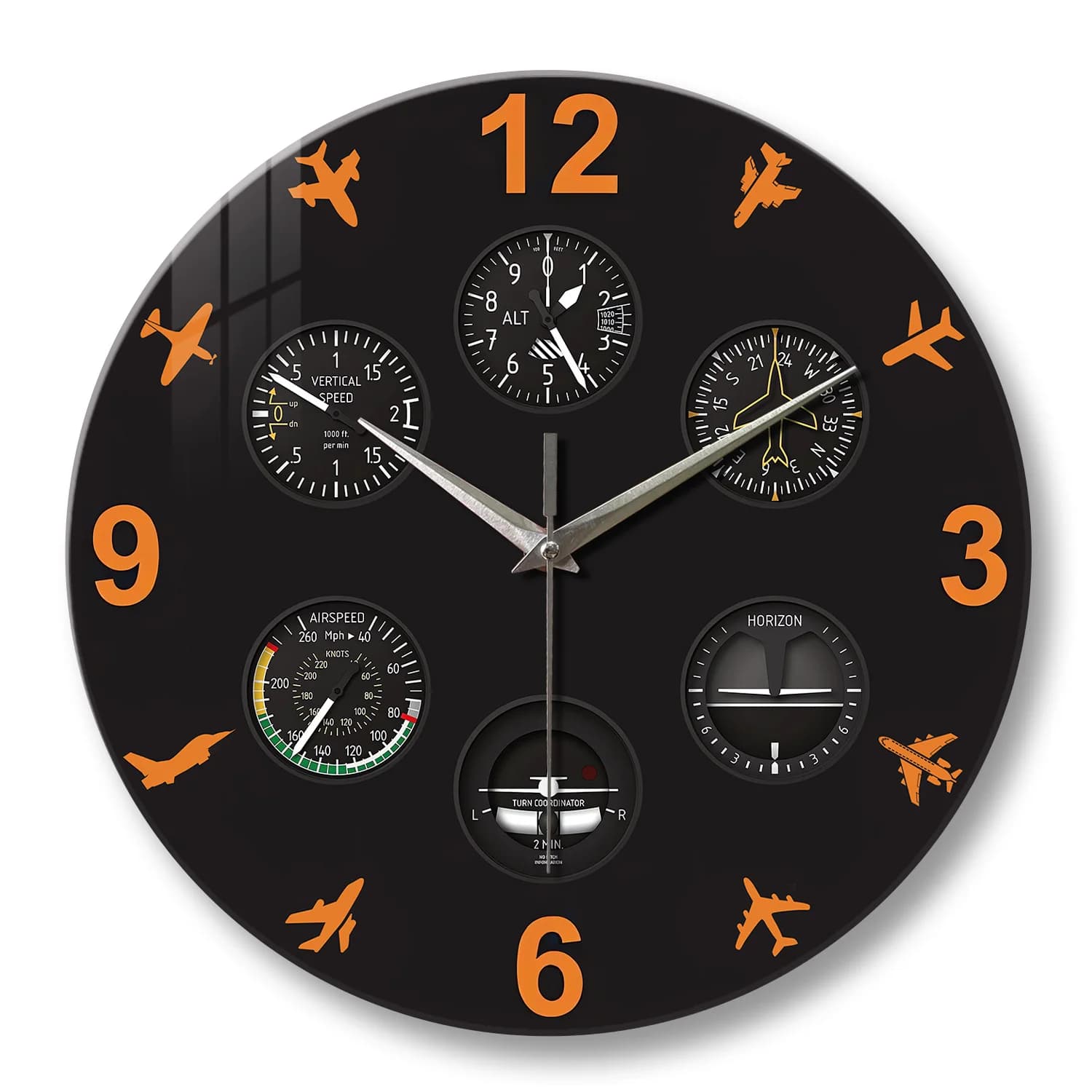 Orologio da parete in vetro con design del cruscotto dell'aereo, orologio silenzioso, decorazione per la casa, il regalo di compleanno ideale per i piloti