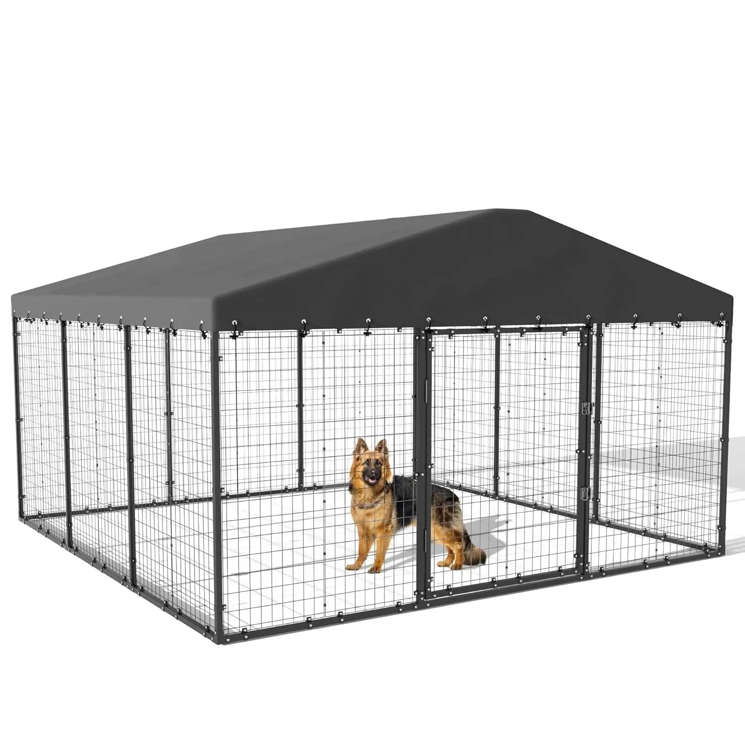 Recinto per Cani da Esterno in Acciaio Zincato 10x10x6 FT, Resistente, con Doppi Serramenti, Tetto Resistente all'Acqua e ai Raggi UV, Personalizzabile