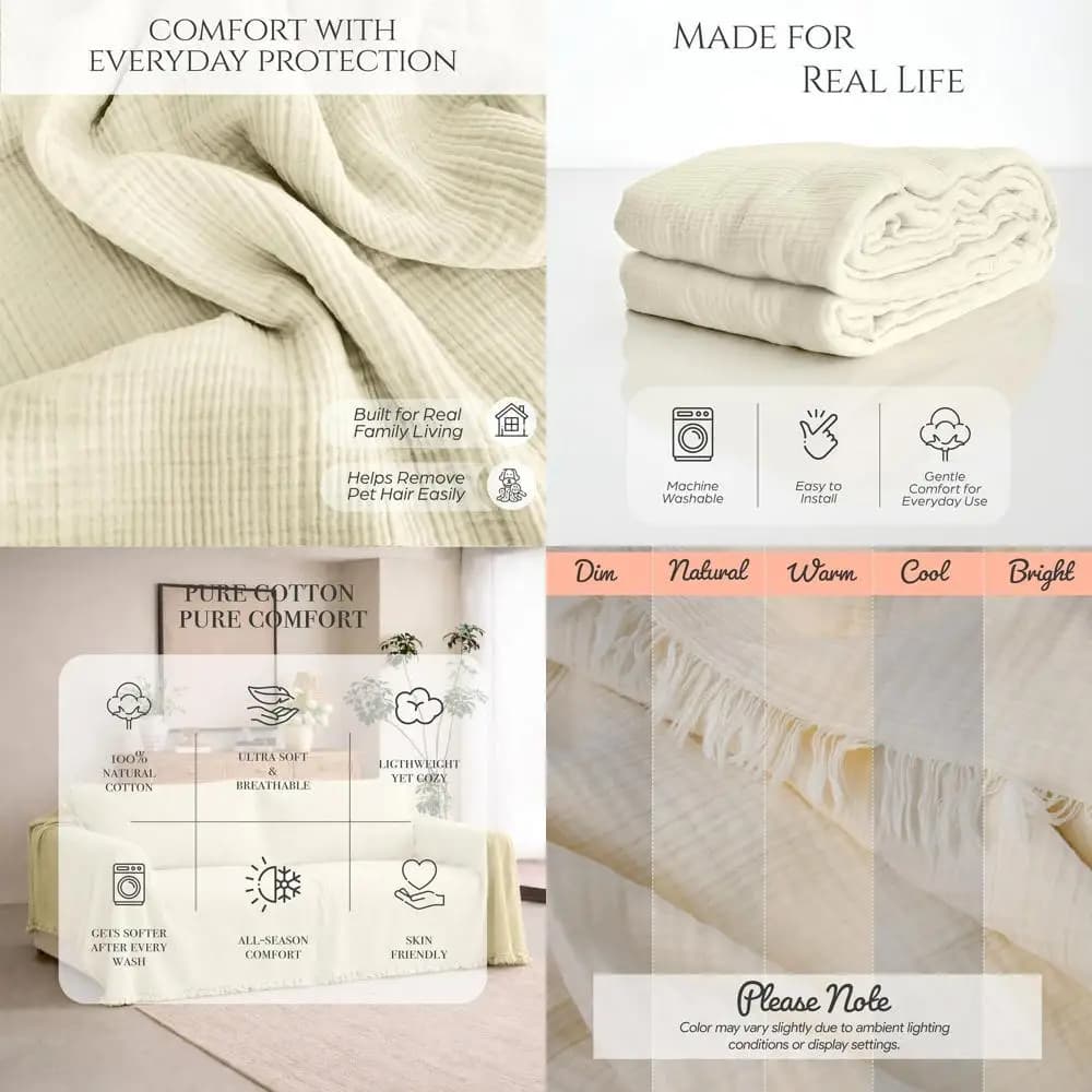 100% Natural Cotton Washable Cover, Cream, 4-layer Boho Style, Suitable for Sofa, Sofa, Fitted Sofa, L, 102x181/2