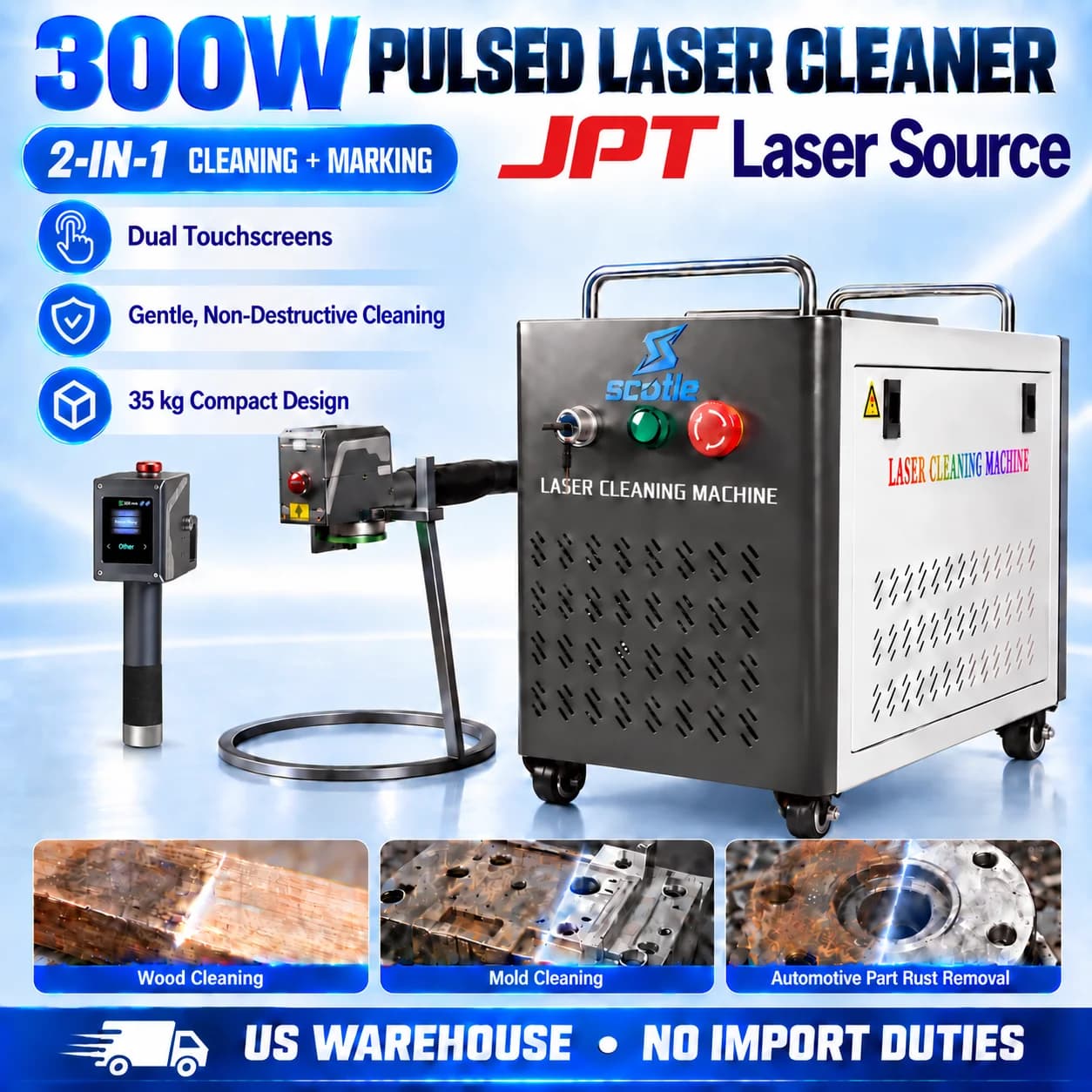 JPT 300W 2-IN-1 Pulsed Laser Cleaner & Marking Paint Oil Graffiti Removal for Metal Wood & Wall Surfaces | Non-Damaging EU Stock