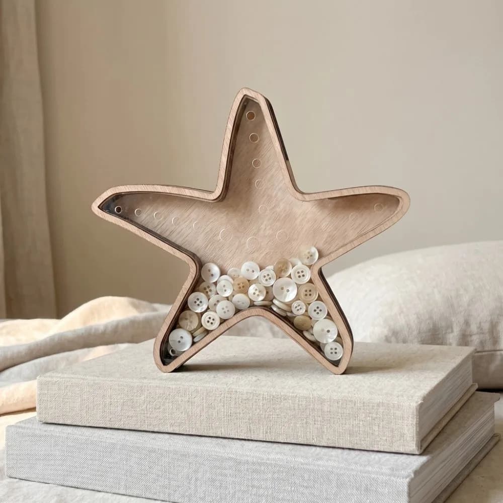 Beach Themed Creative Starfish-Shaped Display Box Multi-Function Translucent Star Piggy Bank Decoration Wooden Storage Box Gift