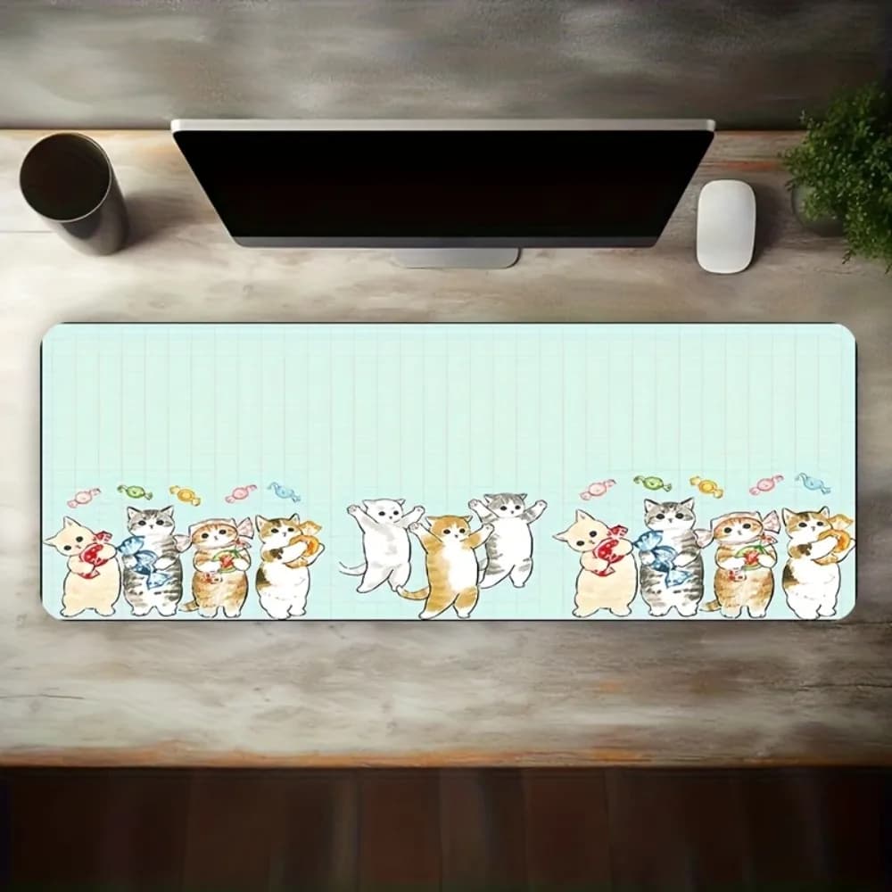 Simpatico tappetino da scrivania con gattino e Shiba Inu - Tappetino per mouse da gioco grande con griglia Maneki-Neko, decorazione kawaii per l'ufficio