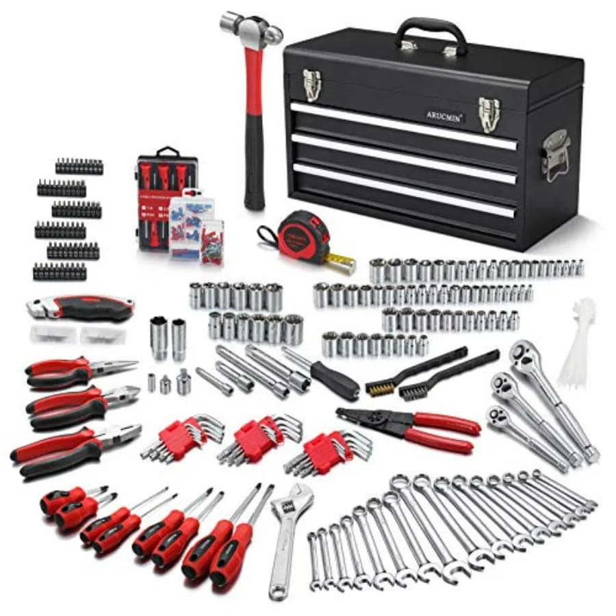 Set di Attrezzi Meccanici da 438 Pezzi con Cassetta Portautensili in Metallo a 3 Cassetti, Kit di Riparazione Nero per Uso Automobilistico e Industriale