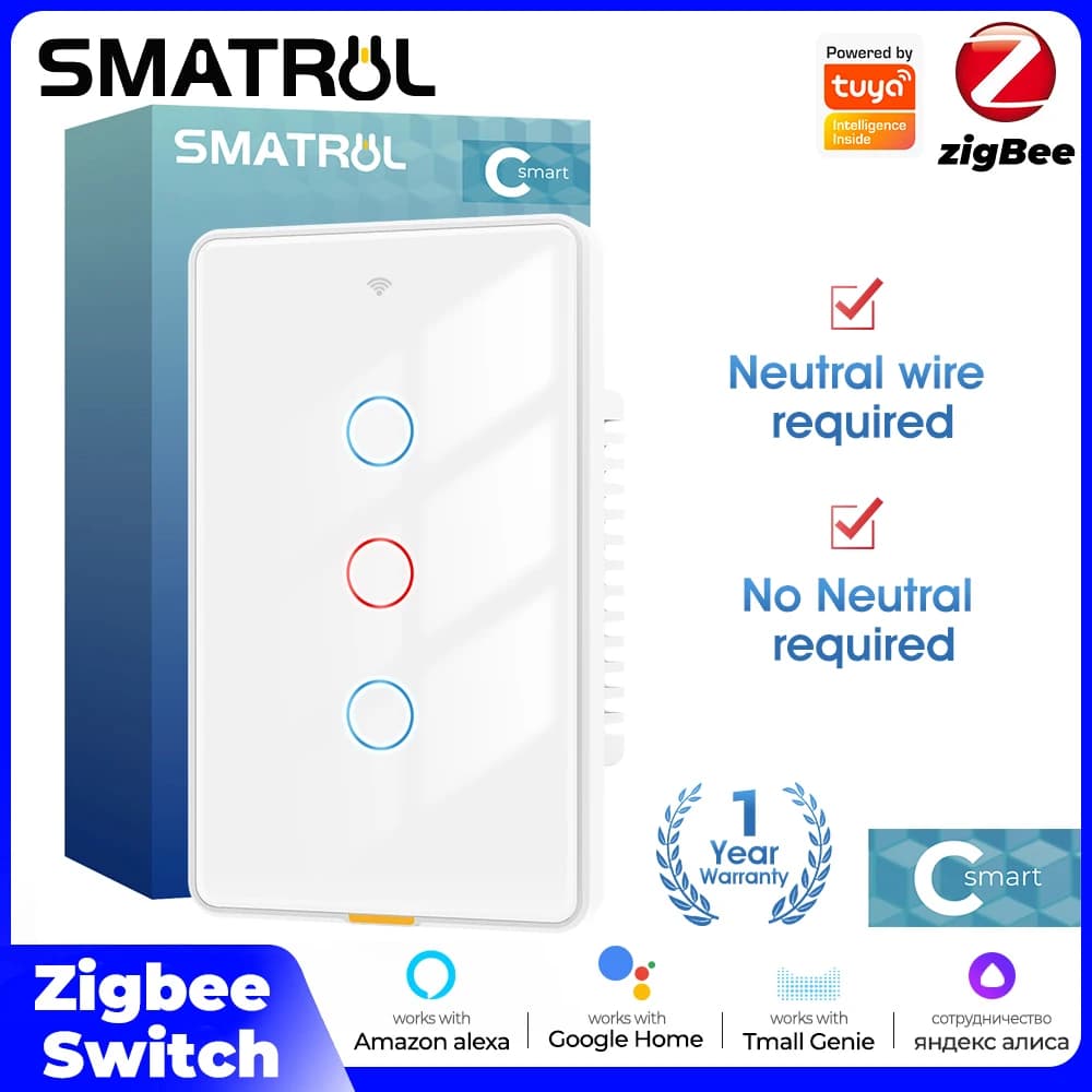 Tuya Zigbee Smart Light Touch Switch Nessun cavo neutro Relè a scatto magnetico da parete US 100-250v App timer vocale Tmall Genie, Alexa