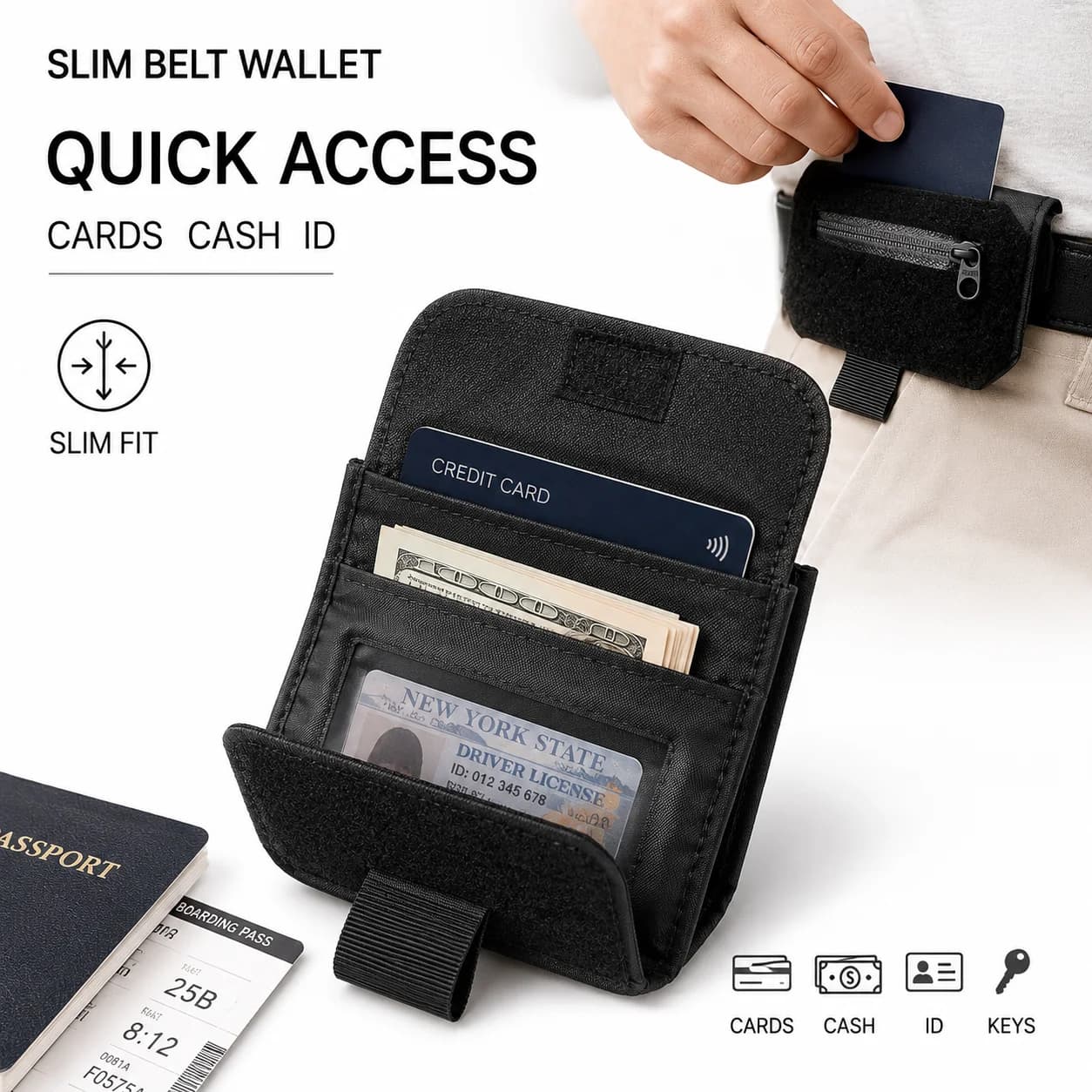 Slim Belt Wallet Hidden Travel Pouch Tear Resistant Fabric Mini Waist Bag for Cards Cash Coins Commuting Jogging Outdoor Use