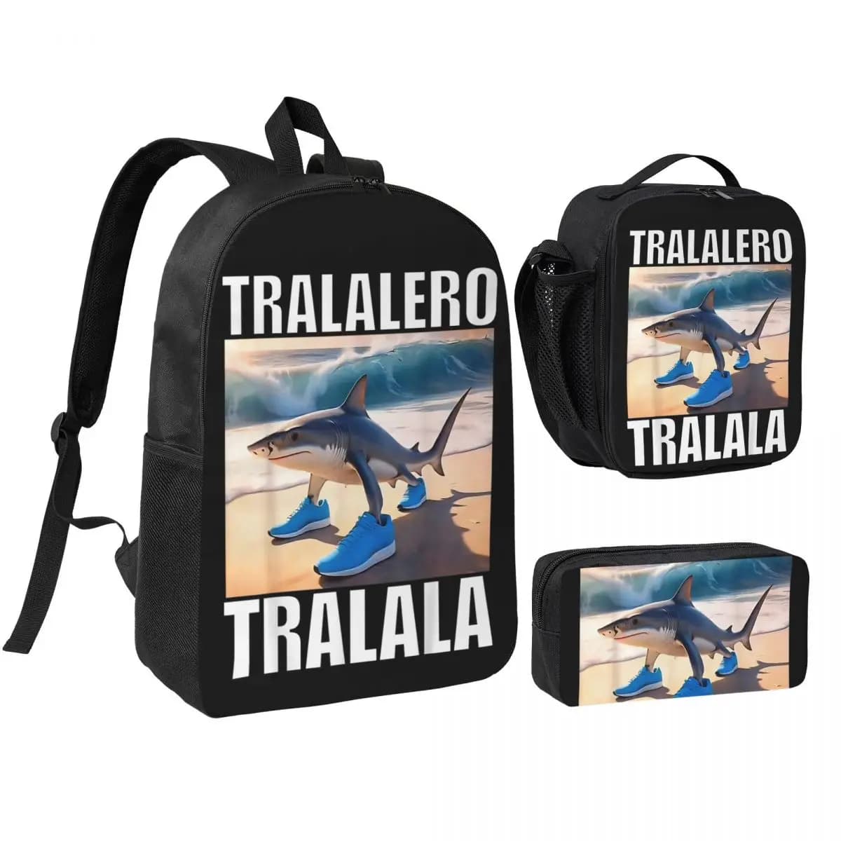 3pecs/set Tralalero Tralala Backpack for Student Back To School Italian Brainrot High School Canvas Bags Lunch bag Pencil Case