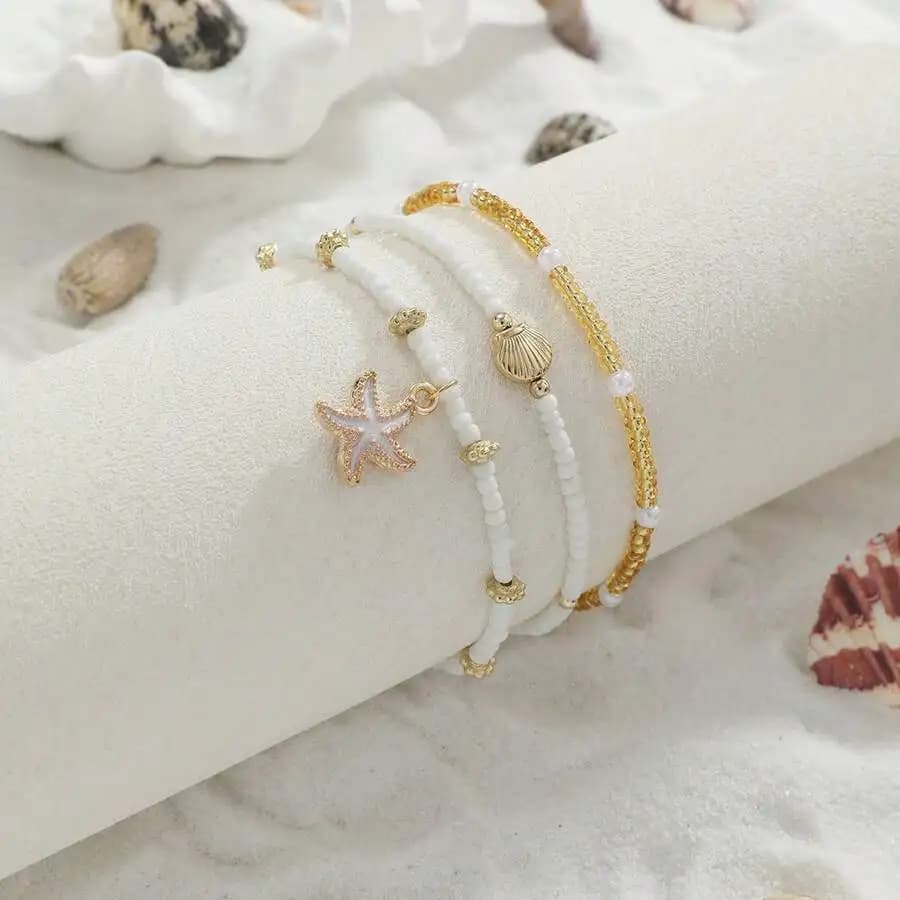 7pcs Shell Pearl Starfish Beaded Layered Bracelets Boho Stackable Design for Women Beach Vacation Casual Wear Party Wedding Gift