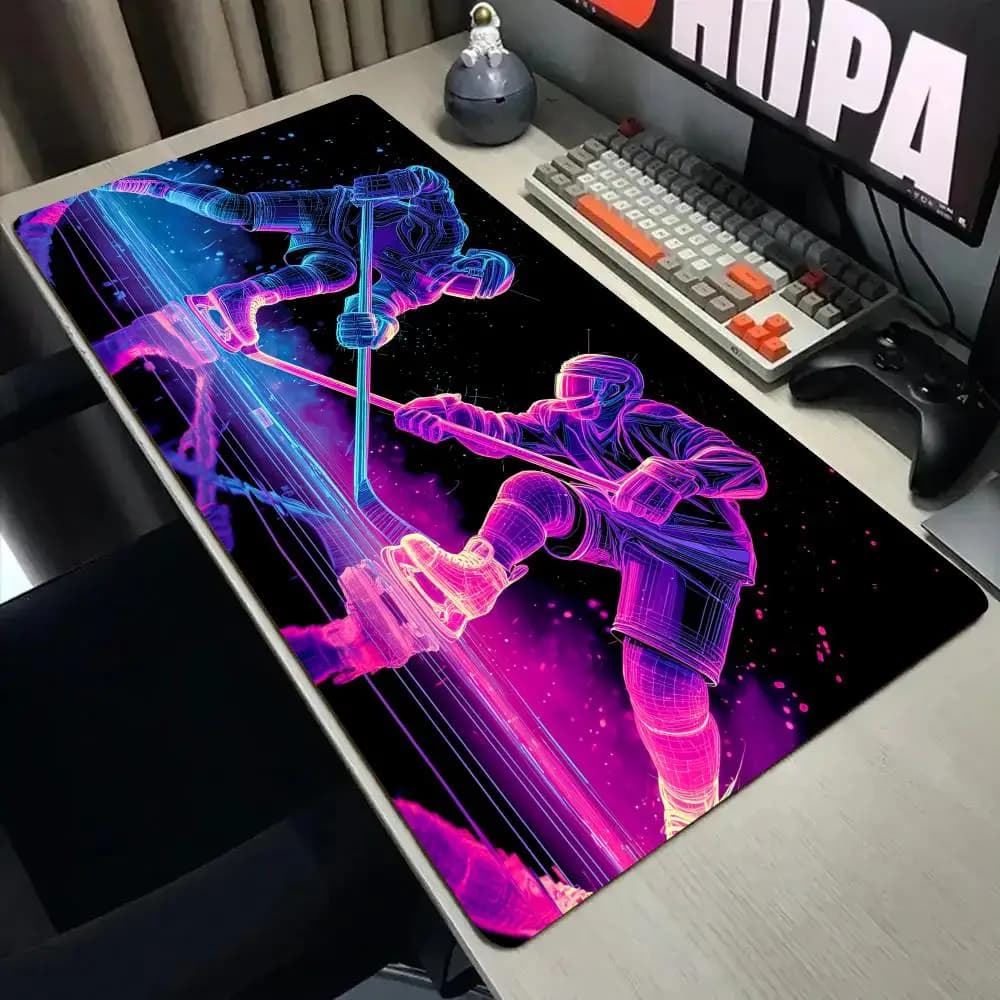 Neon Ice Hockey Showdown Mouse Pad Desk Mat with Stitched Edge XXL Mousepads Rubber Anti-slip Gamer Keyboard Rug Gaming Mats