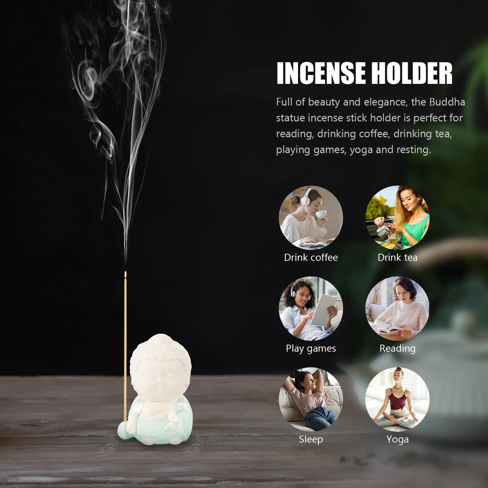 Bruciatore di incenso a forma di statua di Buddha in ceramica, incensiere zen per la decorazione di casa e ufficio, porta incenso in stile cinese portafortuna.