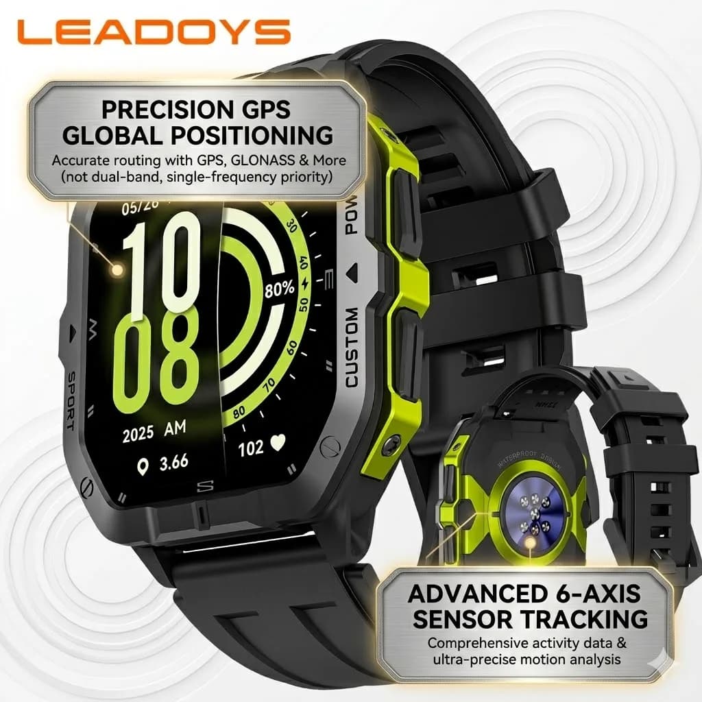 LEADOYS GPS Rugged Smart Watch 6-Star Positioning System 2.02inch Screen Fitness Tracking All Day Health Monitoring Long Battery