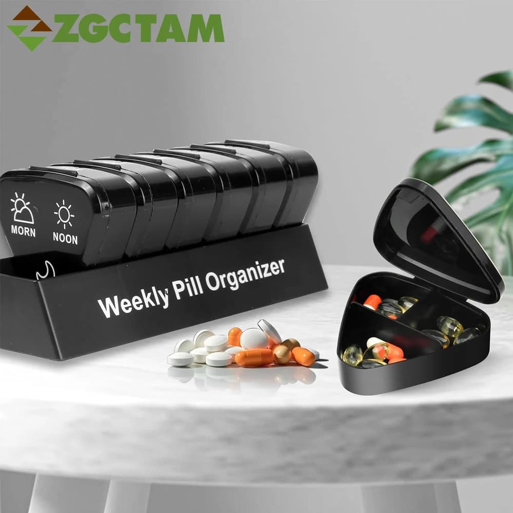 Pills 3 times a day, travel case for pills with 7 daily compartments to contain vitamins, fish oils, drugs and supplements