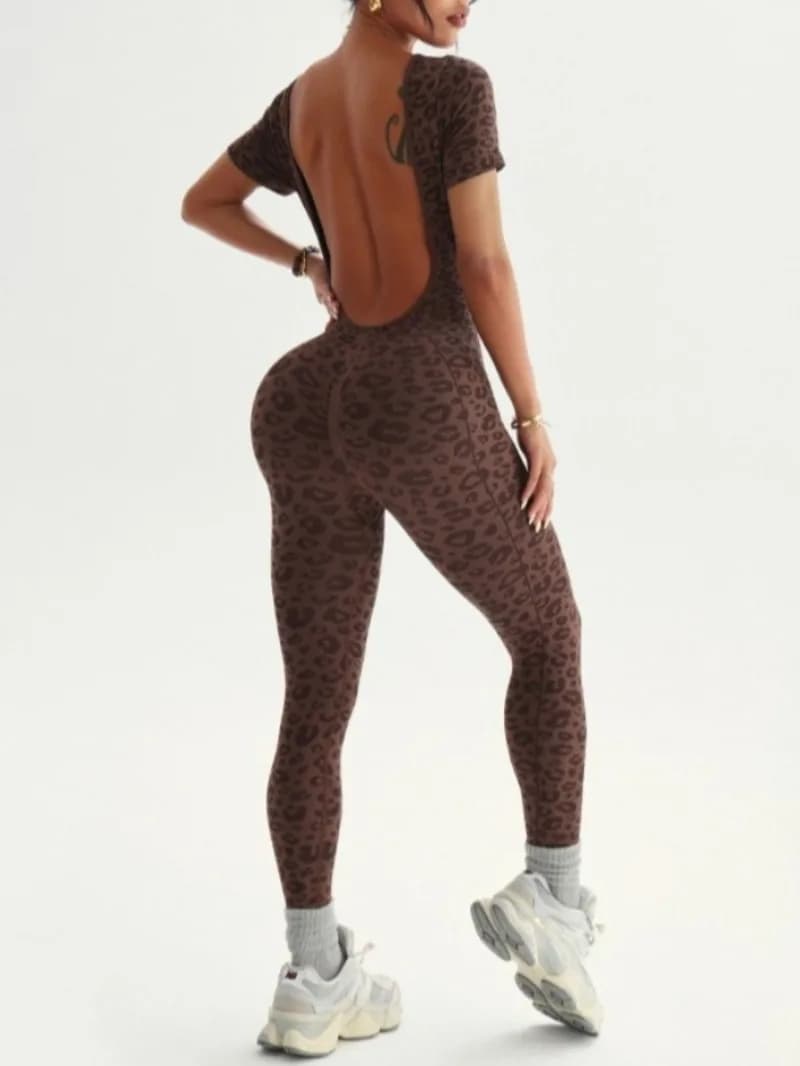 Women's Backless Leopard Jumpsuits Sportwear Short Sleeve One Piece Yoga Fitness Overalls Female Skinny Running Gym Bodysuits