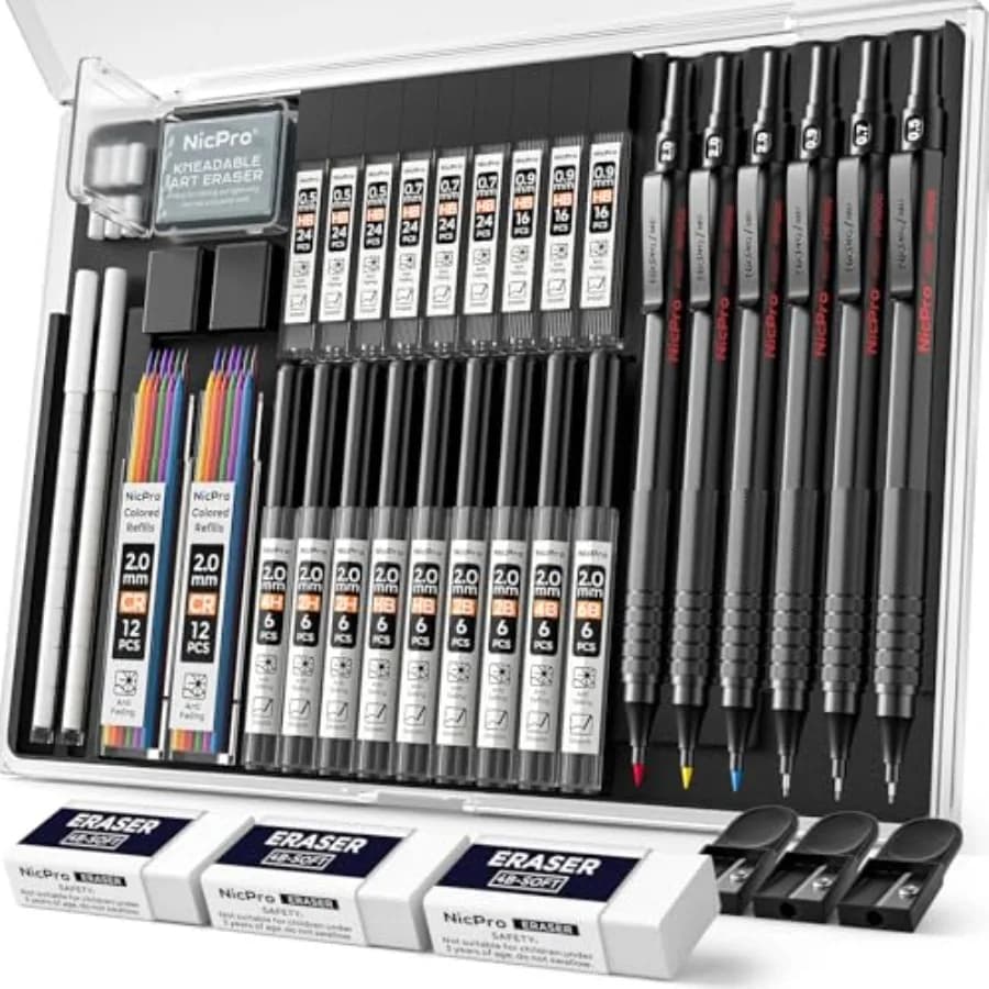 35PCS Metal Mechanical Pencils Set in Case, Art Drafting Pencil 0.5, 0.7, 0.9 mm and 3PCS 2mm Graphite Lead Holder for Drawing