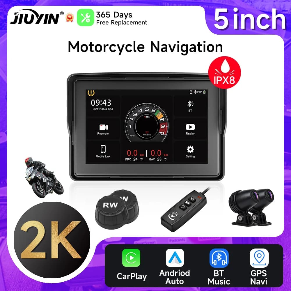 GPS Navigation DVR for 5 Inch Motorcycle 2K Dash Cam Wireless Carplay Android Auto IPX8 Waterproof Motorcycle Front Bluetooth Camera