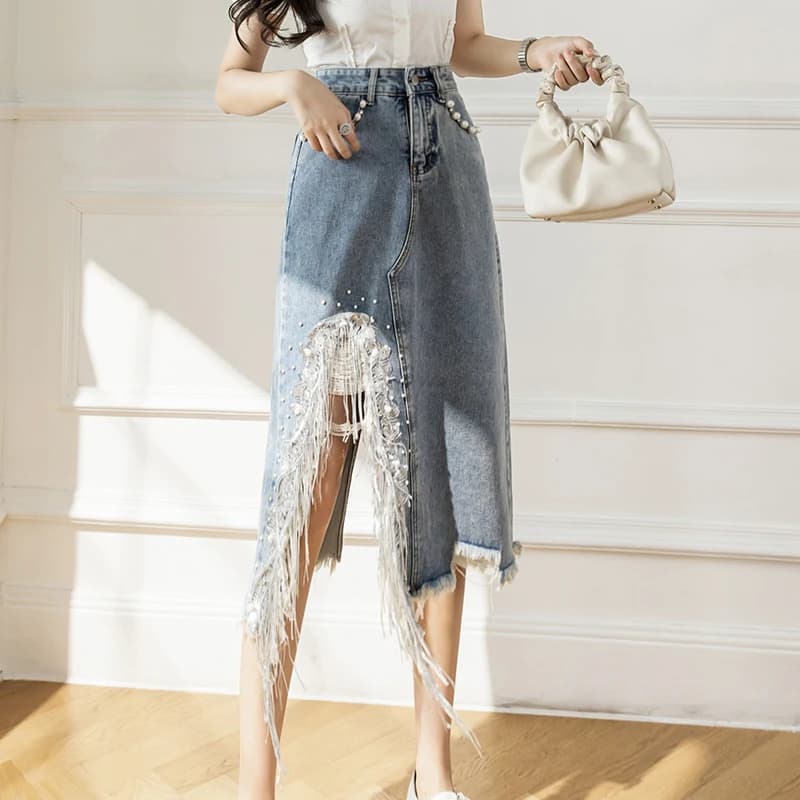 Vintage S-5XL Split Pearl Beaded Denim Skirts Tassel Ripped Midi Skirts Heavy Industry Jeans Skirt Irregular Loose Casual Saias