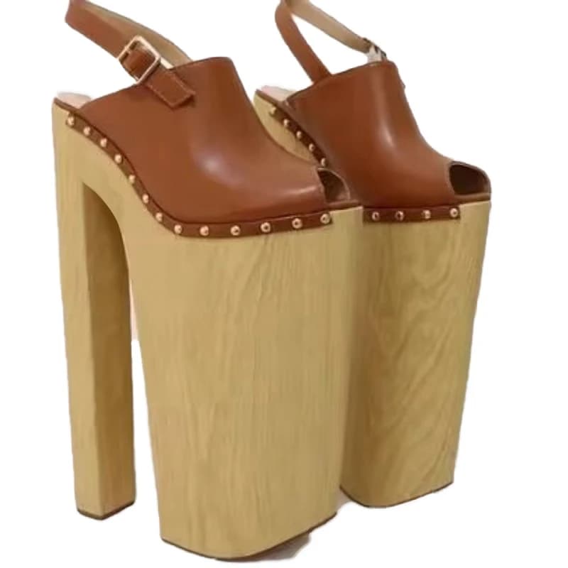 DIZHUANG Sandali sexy da donna con tacco alto. Sandali in pelle marrone. Scarpe personalizzate. Circa 36 cm di altezza del tallone. Tacchi ultra alti.