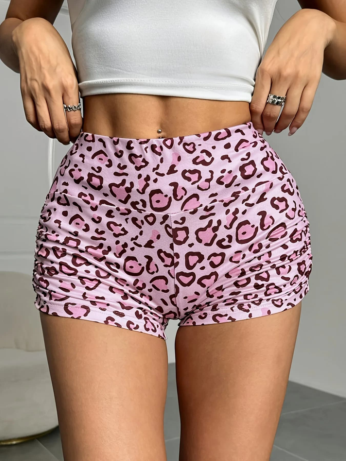 Pantaloncini sportivi sexy dimagranti a vita alta casual con stampa leopardata rosa per donna