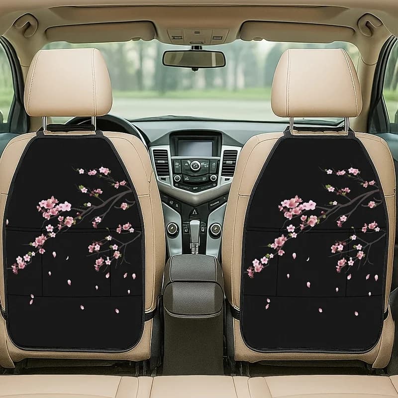 Car Seat Back Covers With Storage Pockets, Pink Cherry Blossom Pattern, Decorative For Car Interior