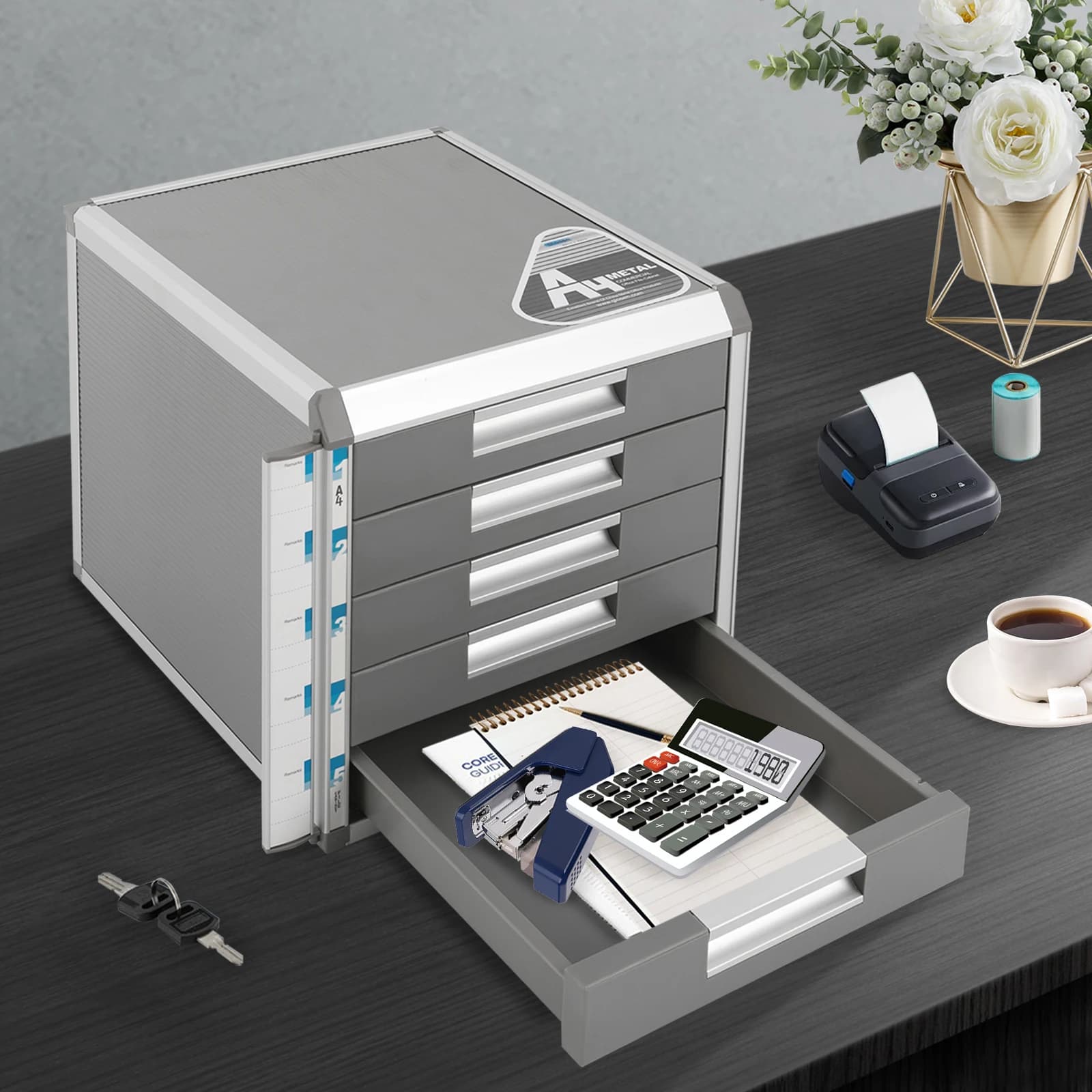 5 Drawer Locking File Organizer, A4 Document Storage Cabinet, Aluminum Alloy Security Drawer for Office, Bank, Home