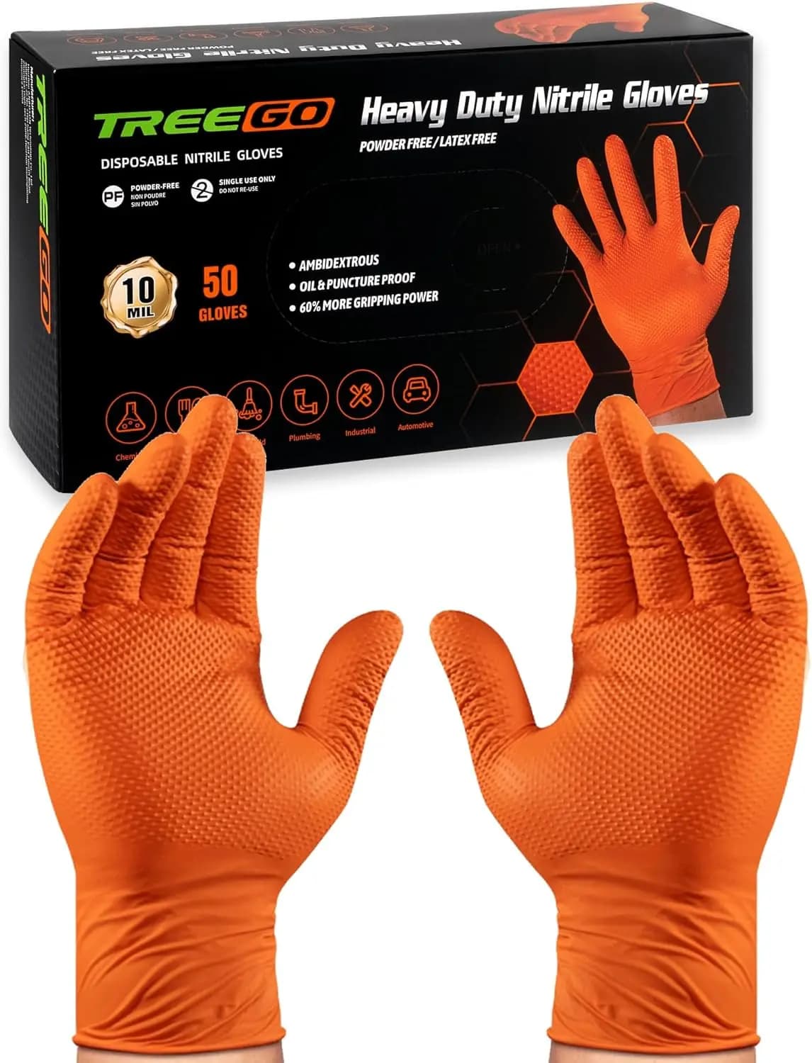 Guanti in Nitrile 10 Mil XL - Resistenti, Arancioni con Presa a Diamante, Monouso, Senza Lattice, Confezione da 50