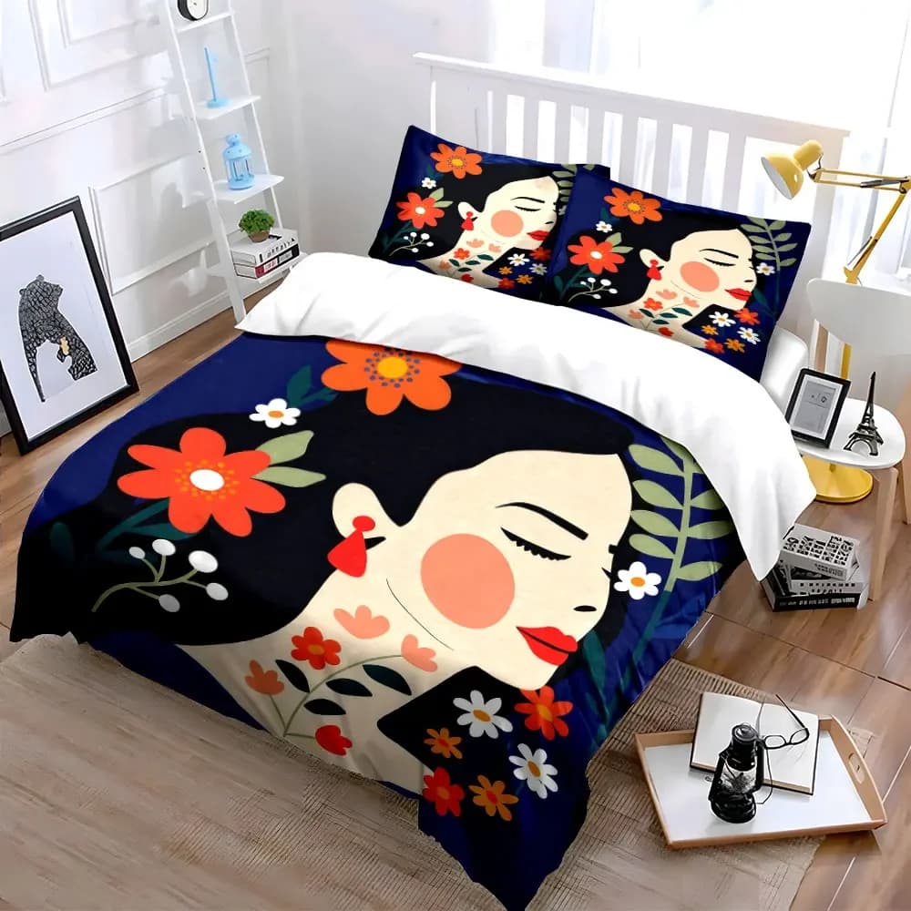 Floral Art Portrait Decoration Set Soft Comfortable Duvet Cover Bedding Set Included 1*Duvet Cover & 2*Pillowcases, gift