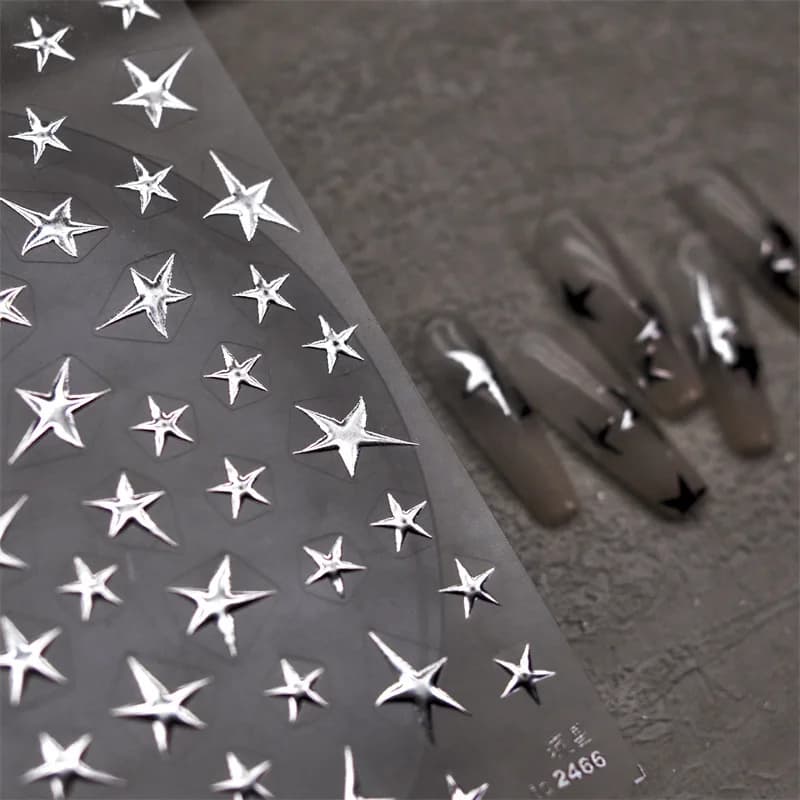 Decalcomanie for nails with star irregular silver laser tan 3D Metal effect Decalcomanie for nails with silver pentagram Stickers for stars for nail art