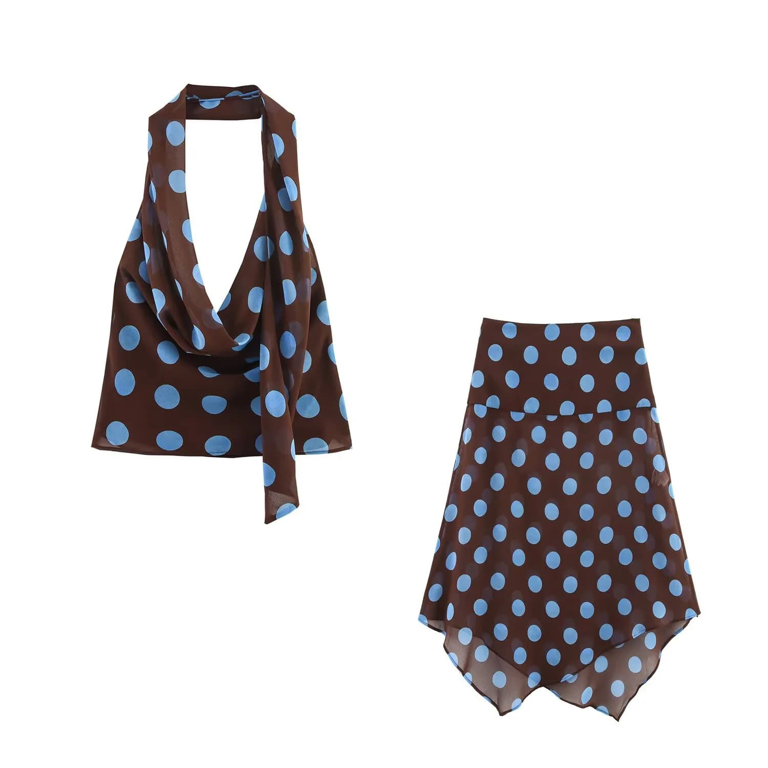 Summer new women's thin scarf polka dot hanging neck collar top asymmetrical mid waist semi transparent skirt set