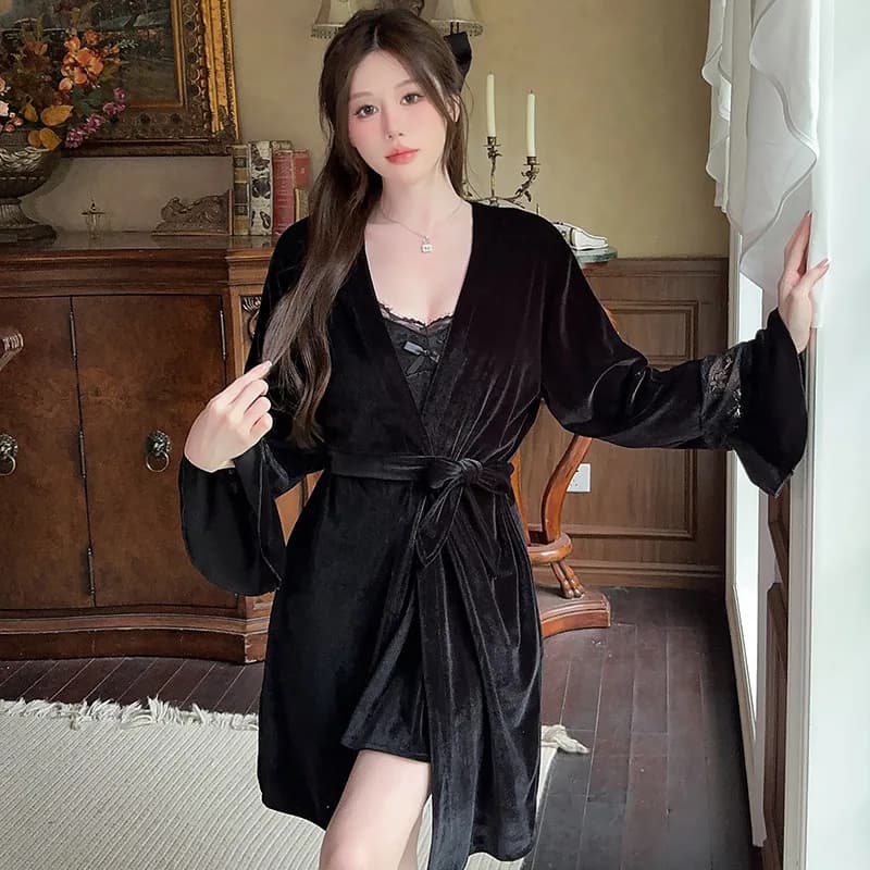 New Golden Velvet Long Sleeve Long Sleeve Women's Hot Dress Casual Bathrobe Two Pieces Woman